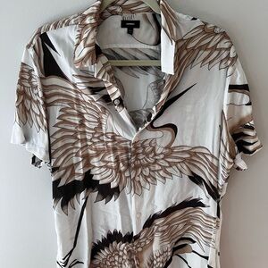 Express Men's White and Brown Crane Print Shirt